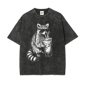 Raccoon Drinking Iced Coffee MEME Oversize Unisex Washed T-Shirt for Women and Men's Unisex Fit Batik Cotton Oversize Streetwear Menswear  Super Soft Pre-Shrunk