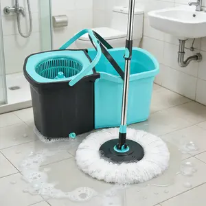 Spin Mop with Bucket Set, Stainless Steel Handle, 2 Microfiber Mop Heads, Detachable Cleaning System, Floor Cleaning Mop for Hardwood Tile, Easy Wringing Floor Mop.