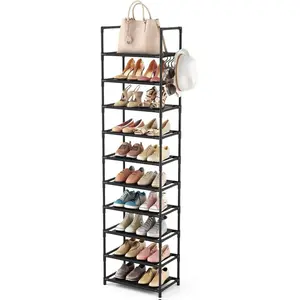 10 Tiers Tall Shoe Rack 20-25 Pairs Boots Organizer Storage Sturdy Narrow Shoe Shelf for Entryway, Closets with Hooks, Black