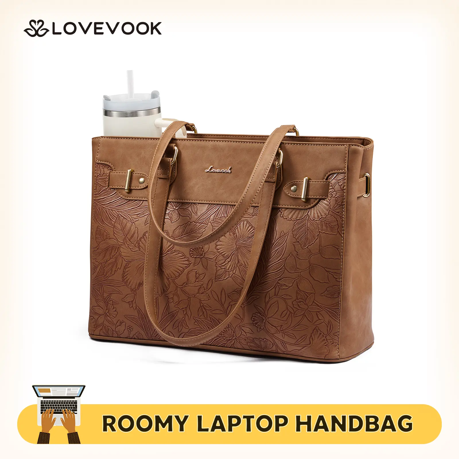 LOVEVOOK Laptop Tote Bag for Women, Fashion Work Teacher Tote Bag with Large Cup Holder, 15.6 Inch Waterproof Vegan Leather Computer Bag