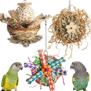 Parrot Enrichment Toy Bundle Natural Woven & Colorful Shredded Paper Creative Bird Chewing Toy Set for Budgies Conures Small Birds Multi-Sensory Bird Cage Chew Play Accessories Toy with Bells