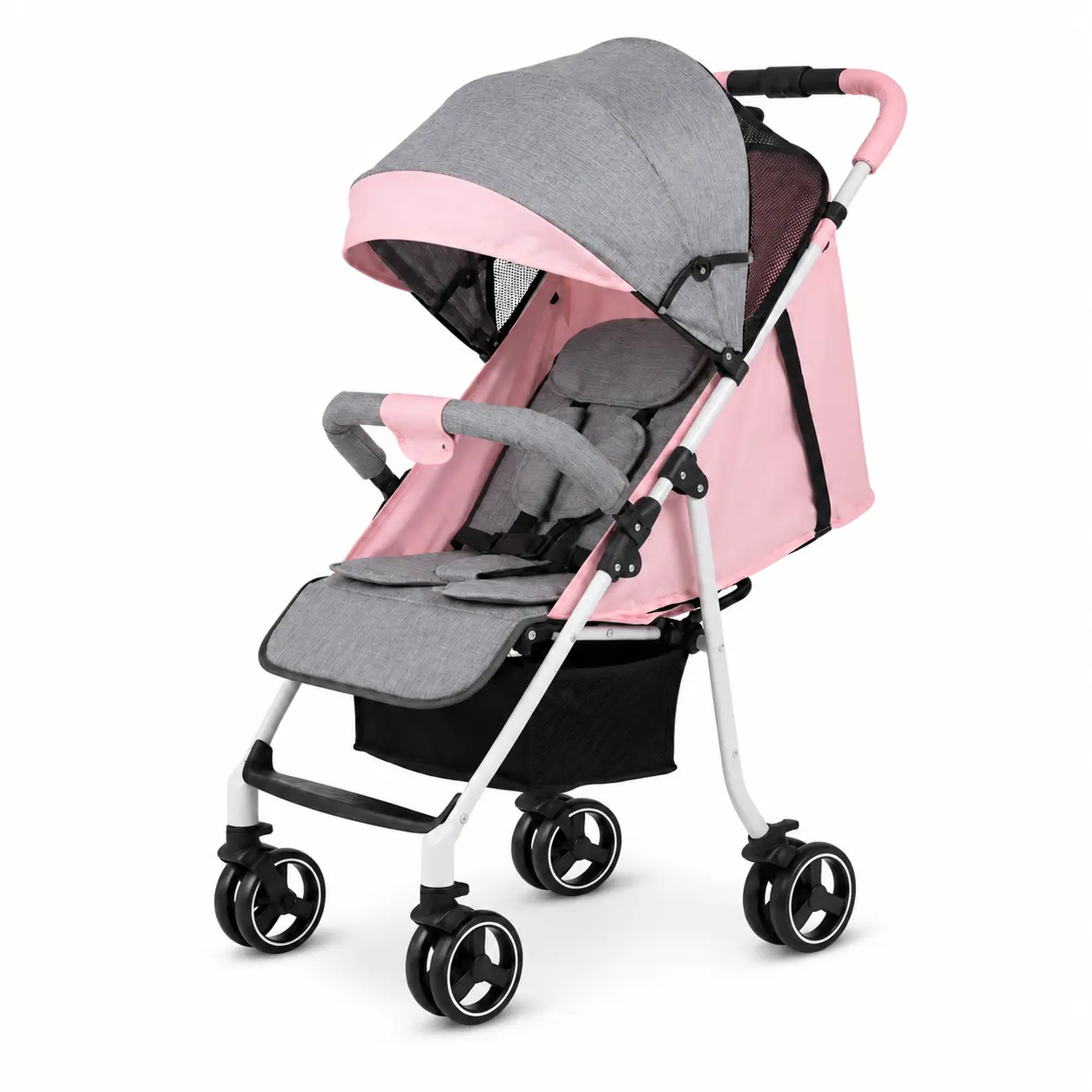 Lightweight Baby Stroller, Compact Fold Travel Stroller with One-Hand Folding Design, Adjustable Reclining Seat, UPF 50+ Sun Canopy, 5-Point Safety Harness, 360° Swivel Wheels, Storage Basket, Pink & Grey outdoor use belt feature large foldable leg ultra