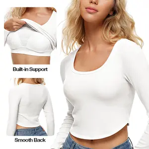 Wingslove Lady Fashion Square Neck Long Sleeve Crop Top Built in Bra Ribbed Slim Fitting Casual Basic Women's Thermal Underwear Tops