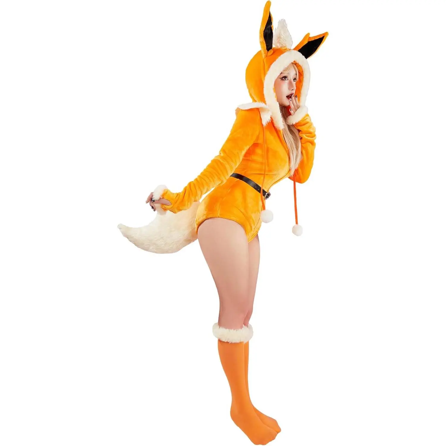 Cute Cartoon Animal Cosplay Costume Fuzzy Onesies Plush Hooded  Fluffy  Pajamas with Belt and Tail
