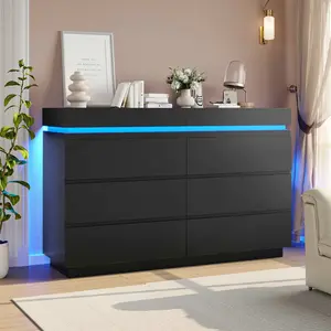 Wide Dresser with LED Lights 6 Drawers Black