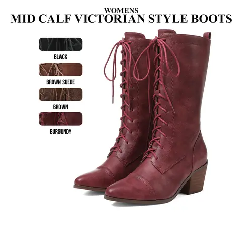 CYNLLIO Womens Mid Calf Boots Pointed Toe Chunky Block Heel Victorian Style Granny Boots Fashionable Zide Zipper LaceUp Comfy Outdoor Clubbing Event Office Casual Steampunk Gothic Combat Biker Fall Boots