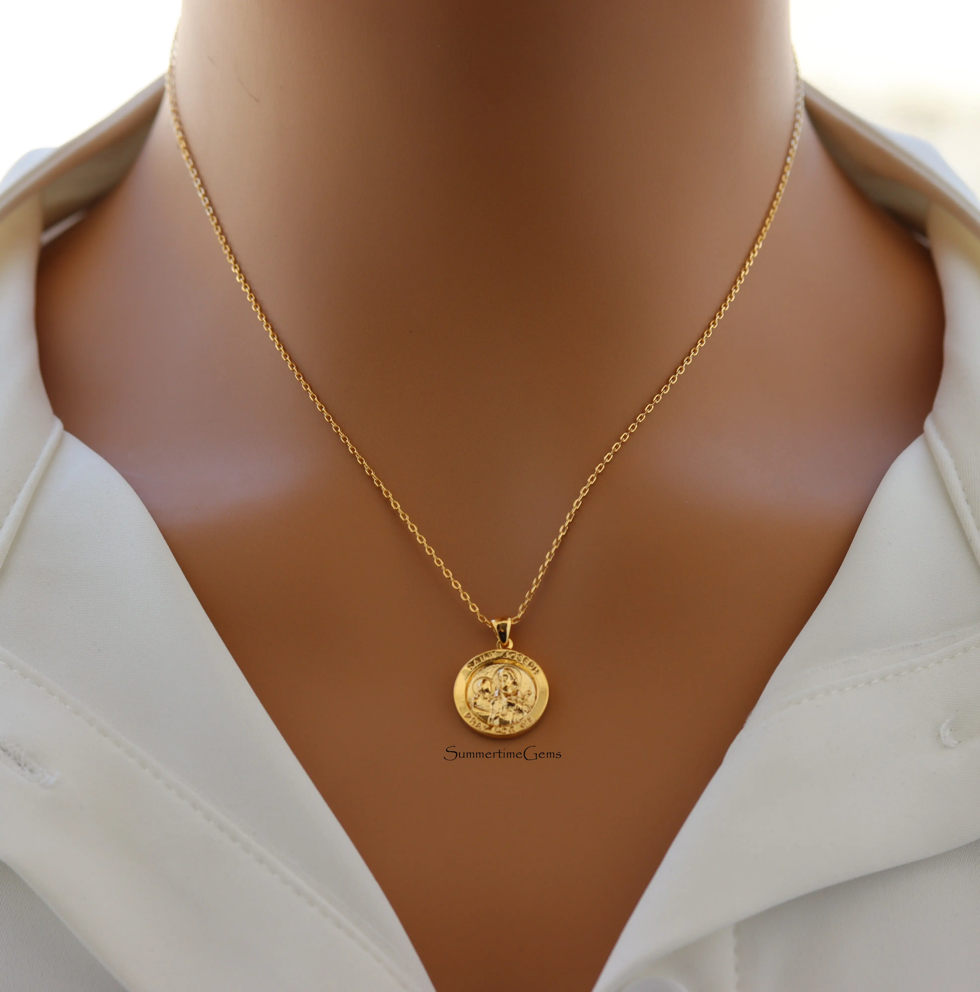 18K Gold Plated St. Joseph Coin Pendant Necklace – Catholic Medal Jewelry for Protection, Faith & Fatherly Strength