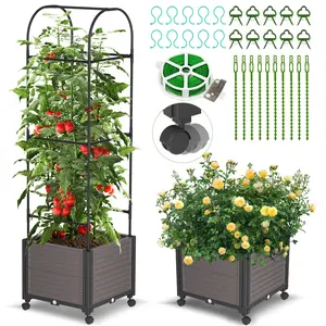 Naudacaa 61"H Raised Garden Bed Planter Box, 4 Wheels, Tomato Cage Planters Raised Garden Beds w/Trellis for Climbing Vegetables Plants Tomato Cage