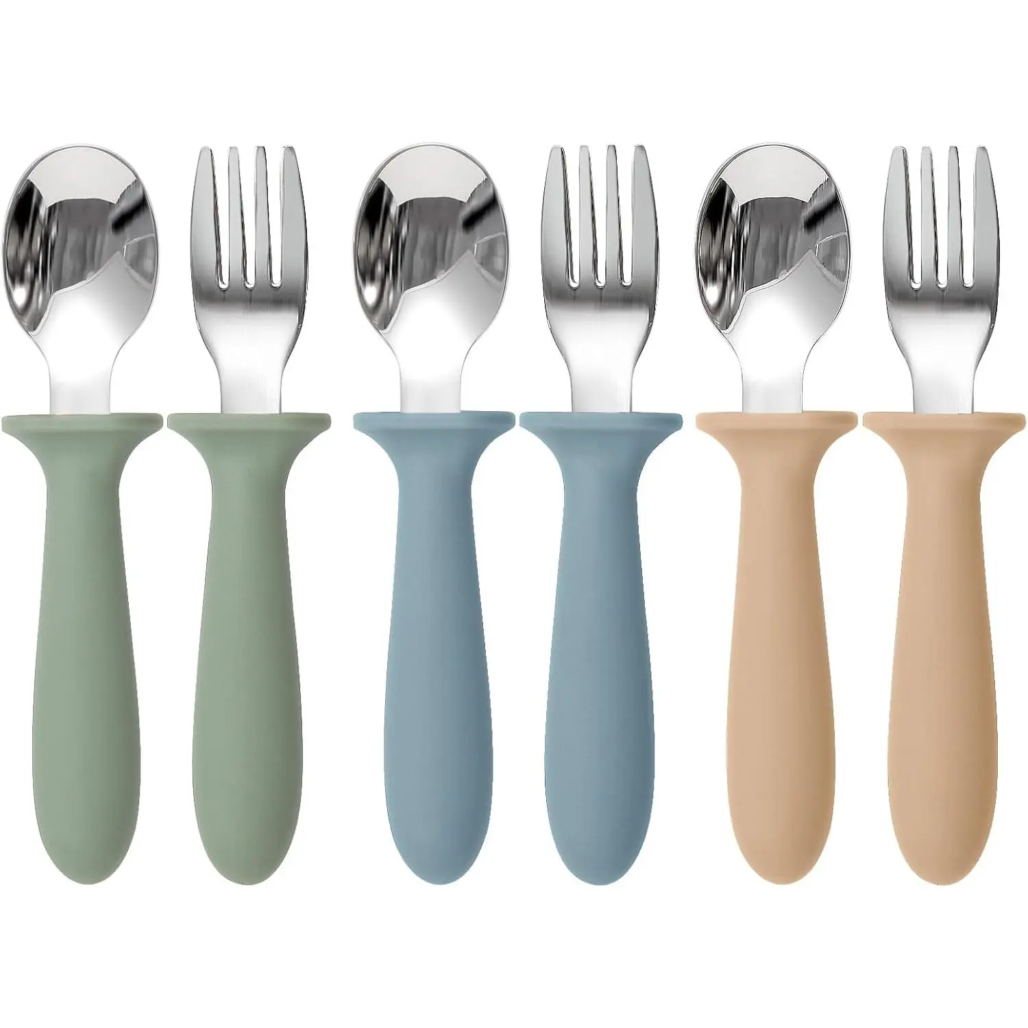 Unisex Kids Child 6-Pack 18/8 Stainless Steel Cutlery Tableware Set - Small Size, Durable Utensils, Non Slip Silicone Handles, Rounded-Edge Spoons & Forks, BPA-Free, Lightweight, Protective Barrier, Dishwasher Safe, Fun Colors, Gift