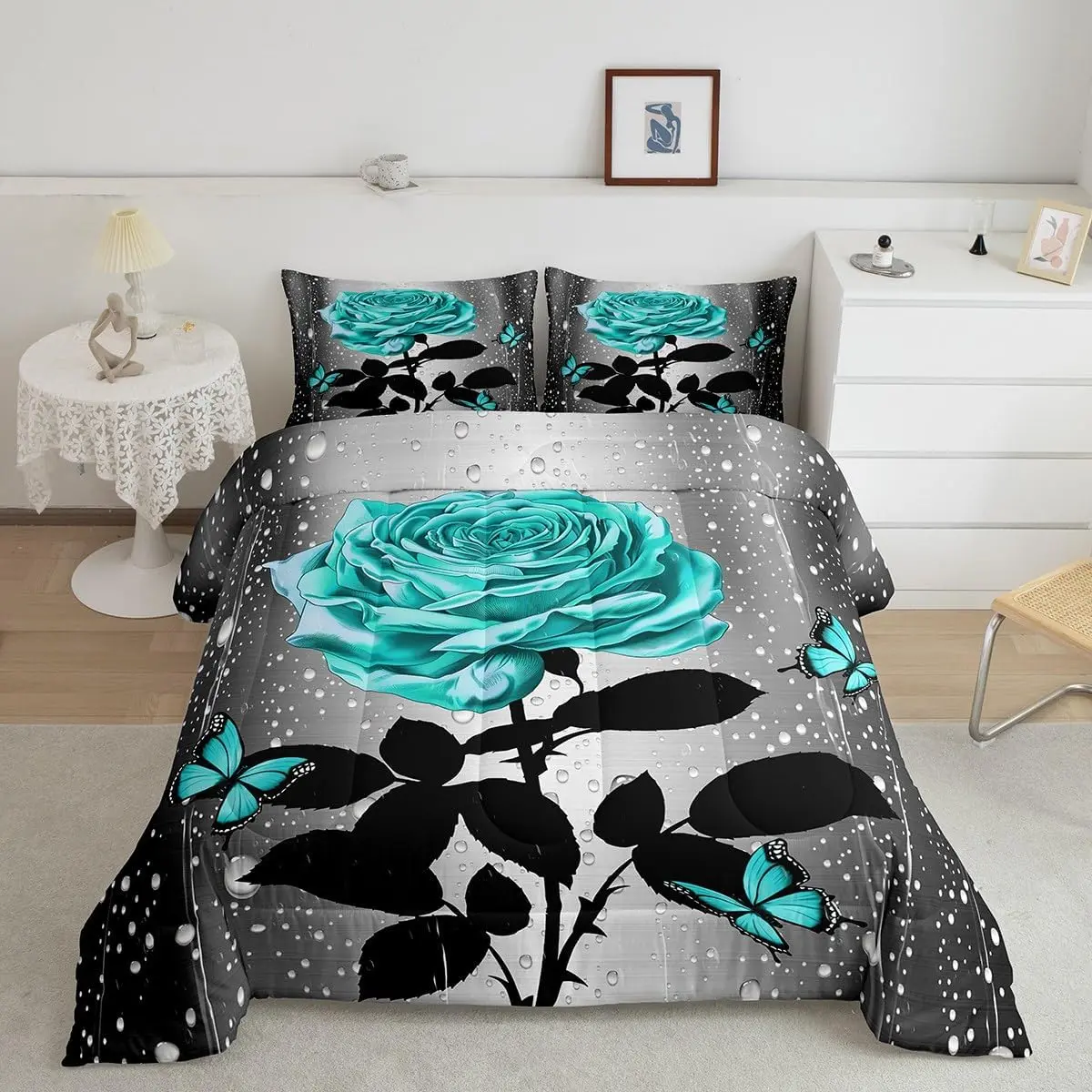 Luxurious Microfiber Soft Bedding Set - Teal Water Rose & Butterfly Design, Breathable Duvet Set, Romantic Floral Bedroom Home Decor Quilt Comforter, Soft Bedding Sets
