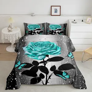 Teal Water Rose Luxury Bedding Set,Teal Butterfly Soft Microfiber Designer Comforter Set,Romantic Comforter,Floral Flower Bedroom Home Decor Quilt Set