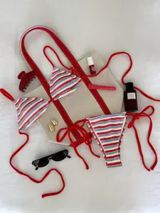 PEPPERMOLLY Women's Terry Cloth Striped Triangle Tie-Side 2-Piece Bikini Set, Textured String Swimsuit for Beachwear, Swimsuits Bikinis,summervibes outdoorfun