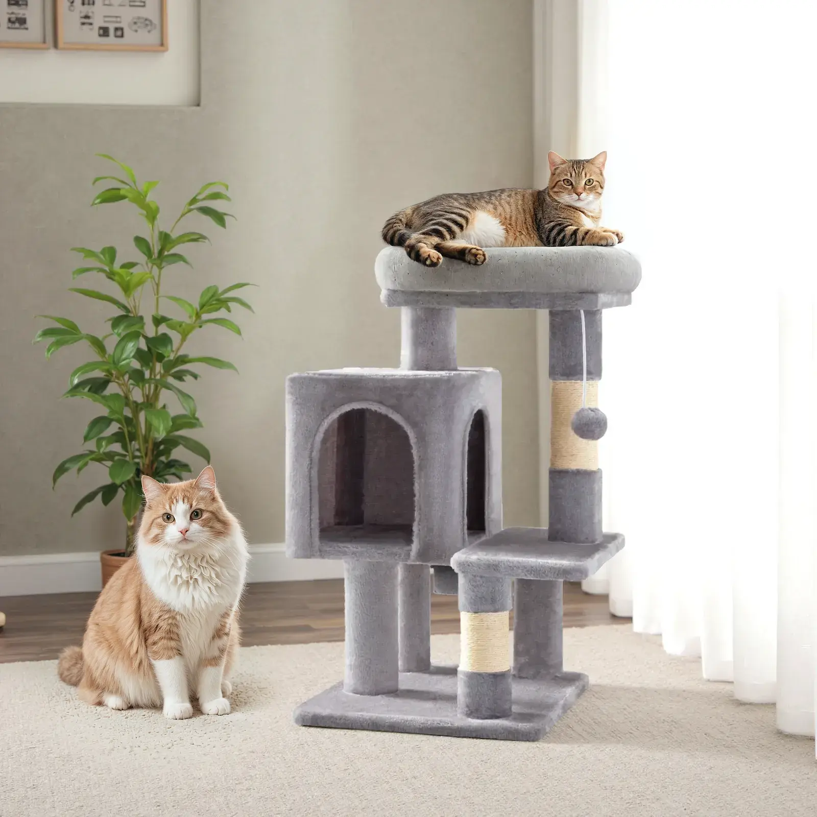 Sha Cerlin 29in Cat Tree Tower Multi-Level Kitten Condo with Plush Perch, Sisal Scratching Post & Activity House in Beige/Dark Grey/Grey/Pink Summervibes Father's day Gift