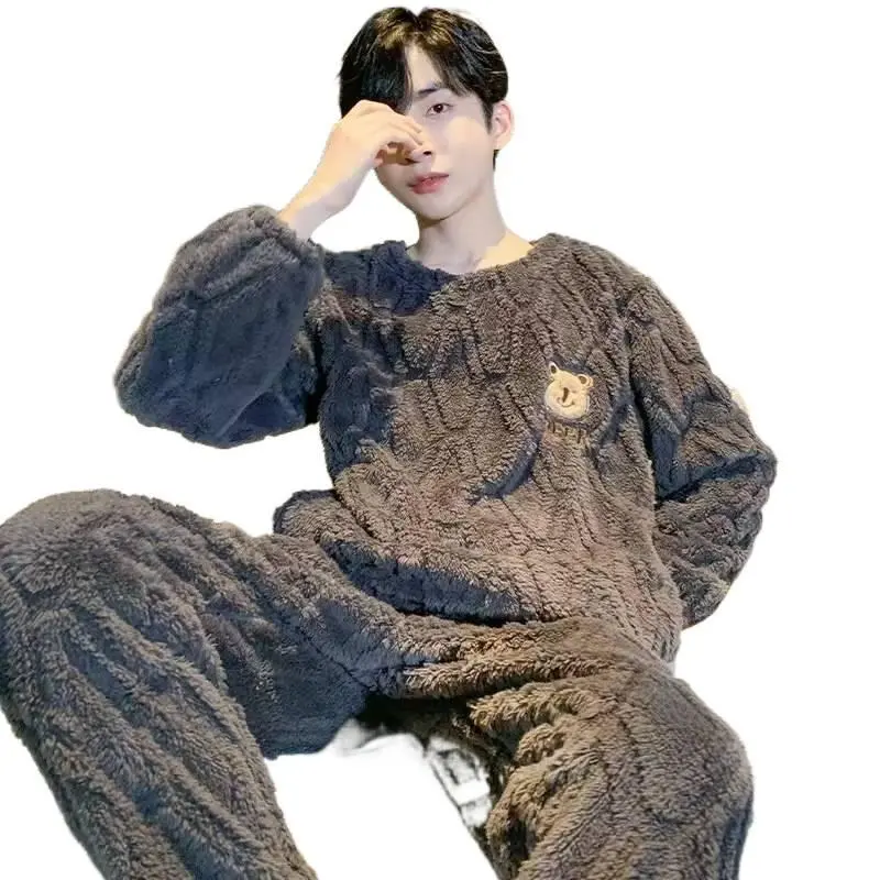 Matching Couple's Long Sleeve Pajamas - LXE-225# Couple Grizzly Bears, Winter Flannel Fabric Style, Warm Breathable Fleece-Lined Loose-Fitting Home Wear, Men's/Women's Sleepwear & Loungewear, Outdoor Look, Machine Washable