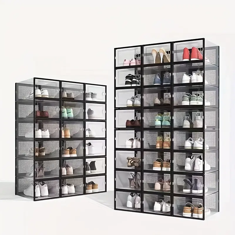 6/12/18/24-piece set, transparent shoe box with lid, stackable plastic shoe rack, Clear Plastic Organizers, Waterproof design, space-saving, suitable for all types of shoes, ideal for entrance hall, shoe rack, and shoe cabinet storage, Clear Shoe Boxes