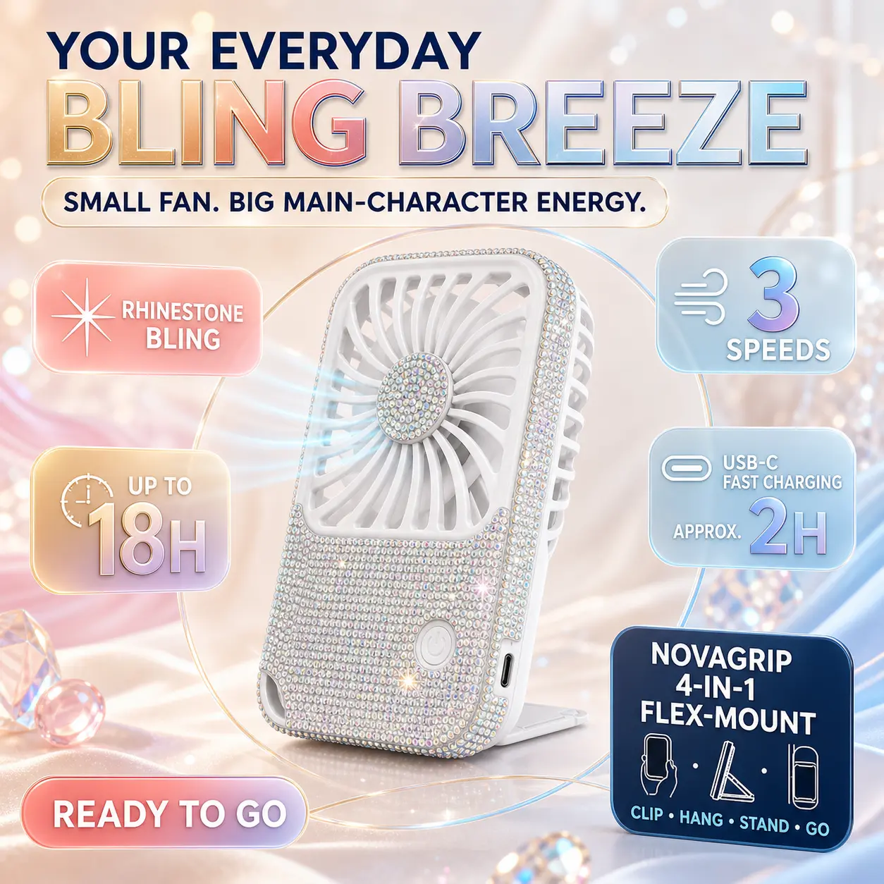 Cute Bling Fan Gift For Women Girls, 2000mah Sparkly Rhinestone Portable Fan With 3 Speeds, USB-C Fast Recharge, Up To 18H Battery Life, Clip To Bag Strap Or Collar, Hands-Free Mini Fan With Stand For Summer Travel Festival