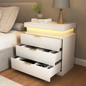 Spaco Nightstand with Charging Station and LED Lights,Modern End Side Table Bedside Table with Sliding Top for Bedroom,28.8''W x 17''D x 30.5''H