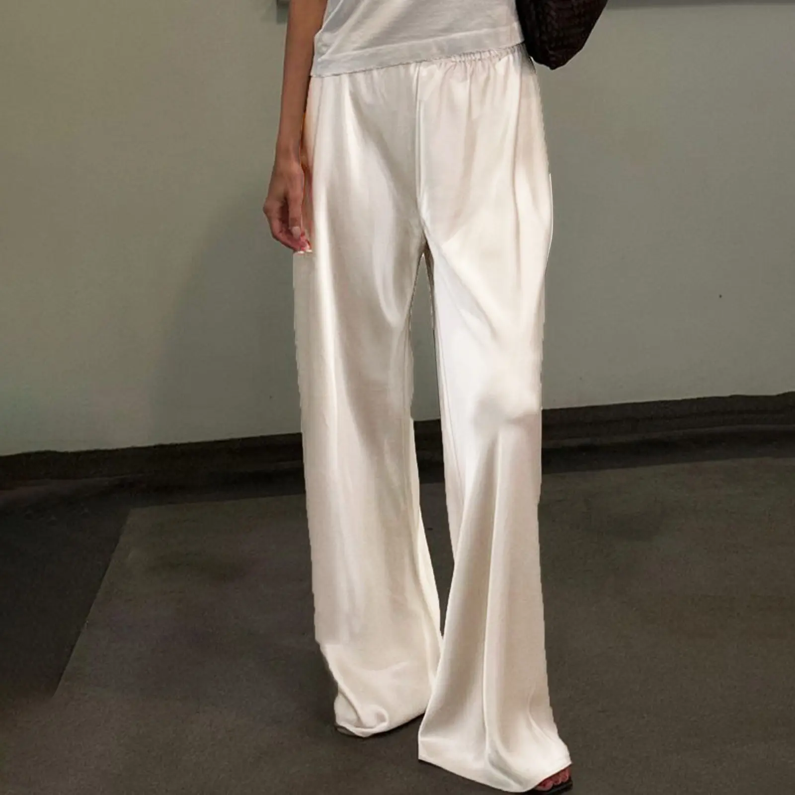 Women's Casual Wide Leg Dress Pants Elastic Waist Solid Color Satin Pants Work Trousers