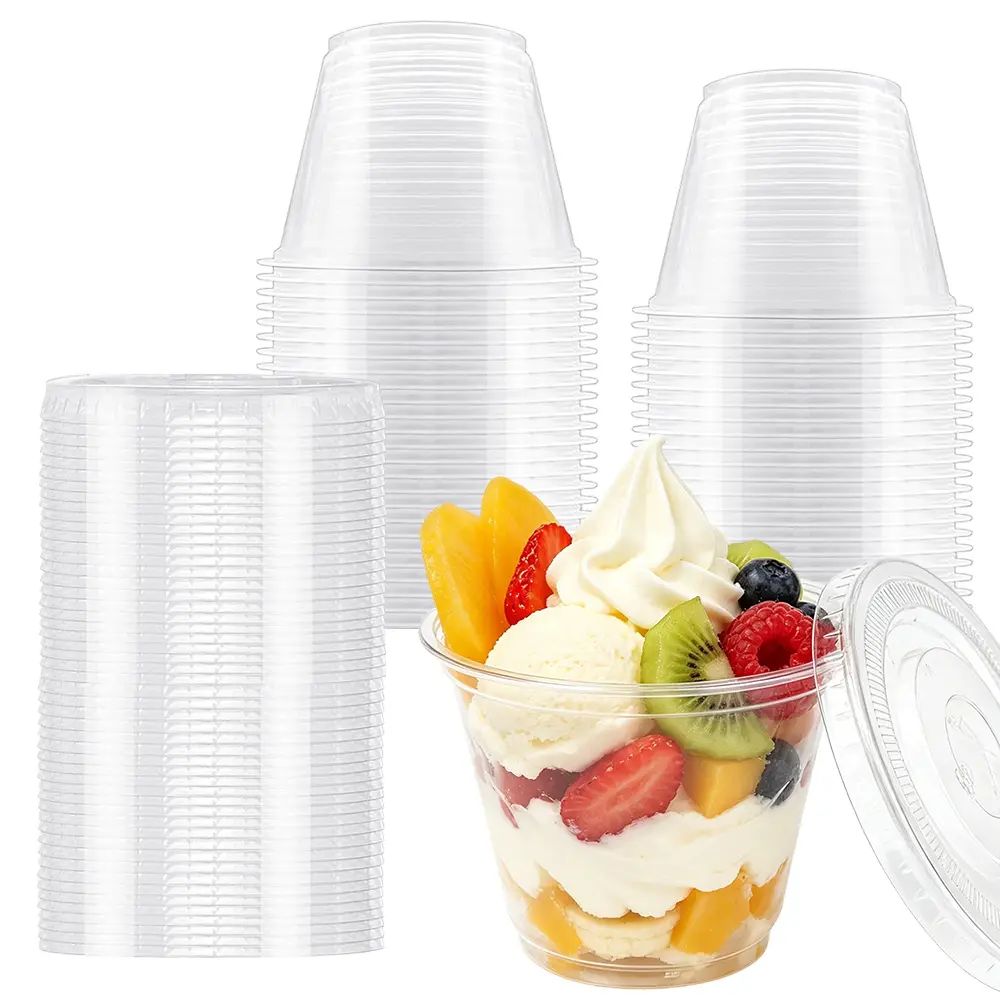 50 Pack Clear Cups with Lids, 6 oz Plastic Disposable Cups with Flat Lids (No Hole), Crystal PET Dessert Party Cups for Smoothy's, Ice Cream, Fruits, Snack, Cold Drinks