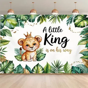 1pc 2D Flat Adorable Lion Cub Jungle Theme "a Little King is His Way" Backdrop Banner - Vibrant Tropical Leaves & Crown Baby Showers, Anniversaries, Photo Studio Props -