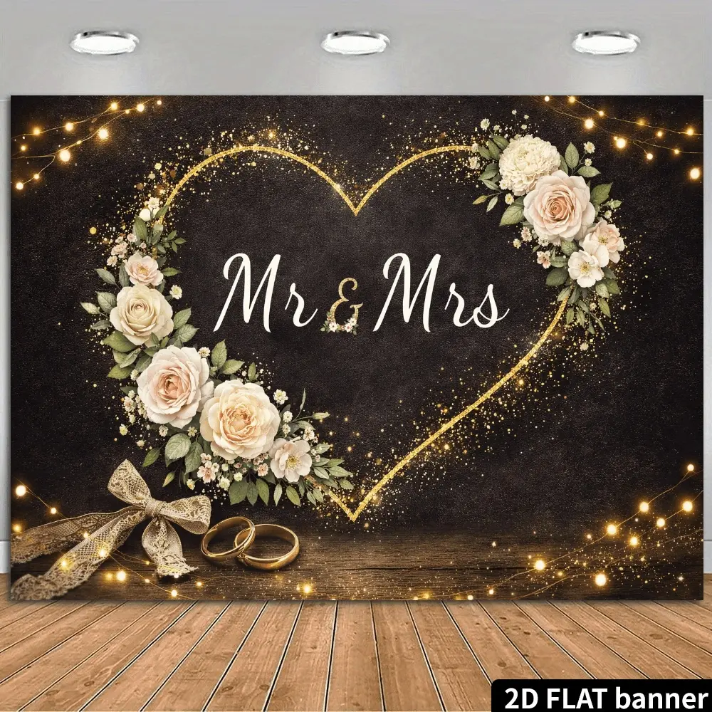 1pc Heart-Shaped Mr & Mrs Wedding Backdrop, Wedding Reception Backdrop with Golden Frame & Sparkling String Lights, Black Background Suitable for Weddings, Photo Booth Backgrounds, Backdrops for photoshoot, Decor for Weddings