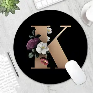 Cute Minimalist Black-Gold Floral Letter K Round Gaming Mouse Pad, Gaming Mousepad, Desktop Decoration Pad, Desktop Accessory, Non-Slip Rubber Lock Edge Small Size Pad, Suitable For Laptops And Desktops, Ideal Custom Gift For Family And Friends