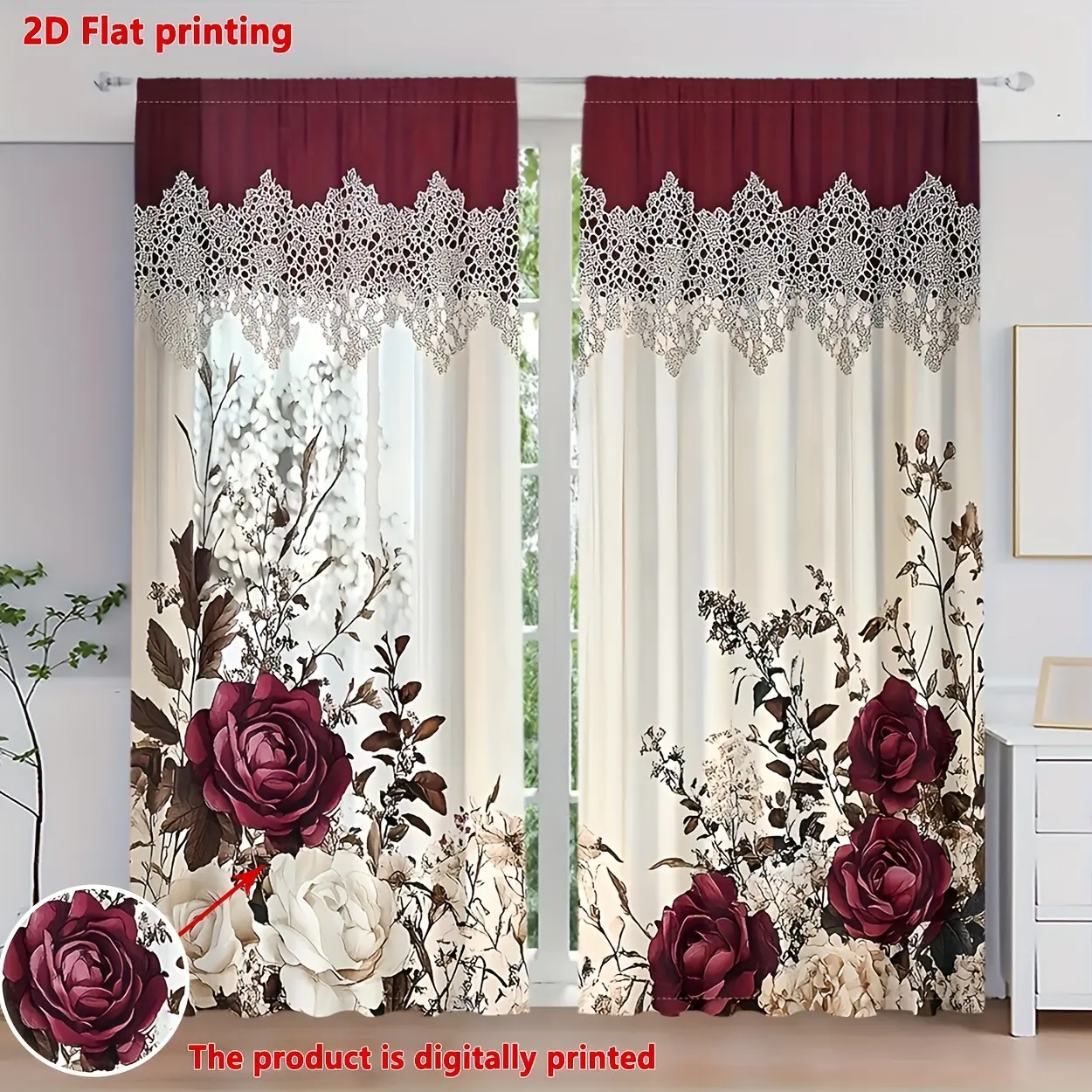 2-Piece set, 2D flat, retro rose flower print Victorian style curtains, Home Decoration Curtain, pocket pole installation, digital printing process, privacy protection, for living room, kitchen, bedroom, home decor
