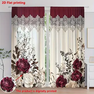 2-Piece set, 2D flat, retro rose flower print Victorian style curtains, pocket pole installation, digital printing process, privacy protection, for living room, kitchen, bedroom, study, hotel, restaurant home decoration, room decoration, Window Curtain