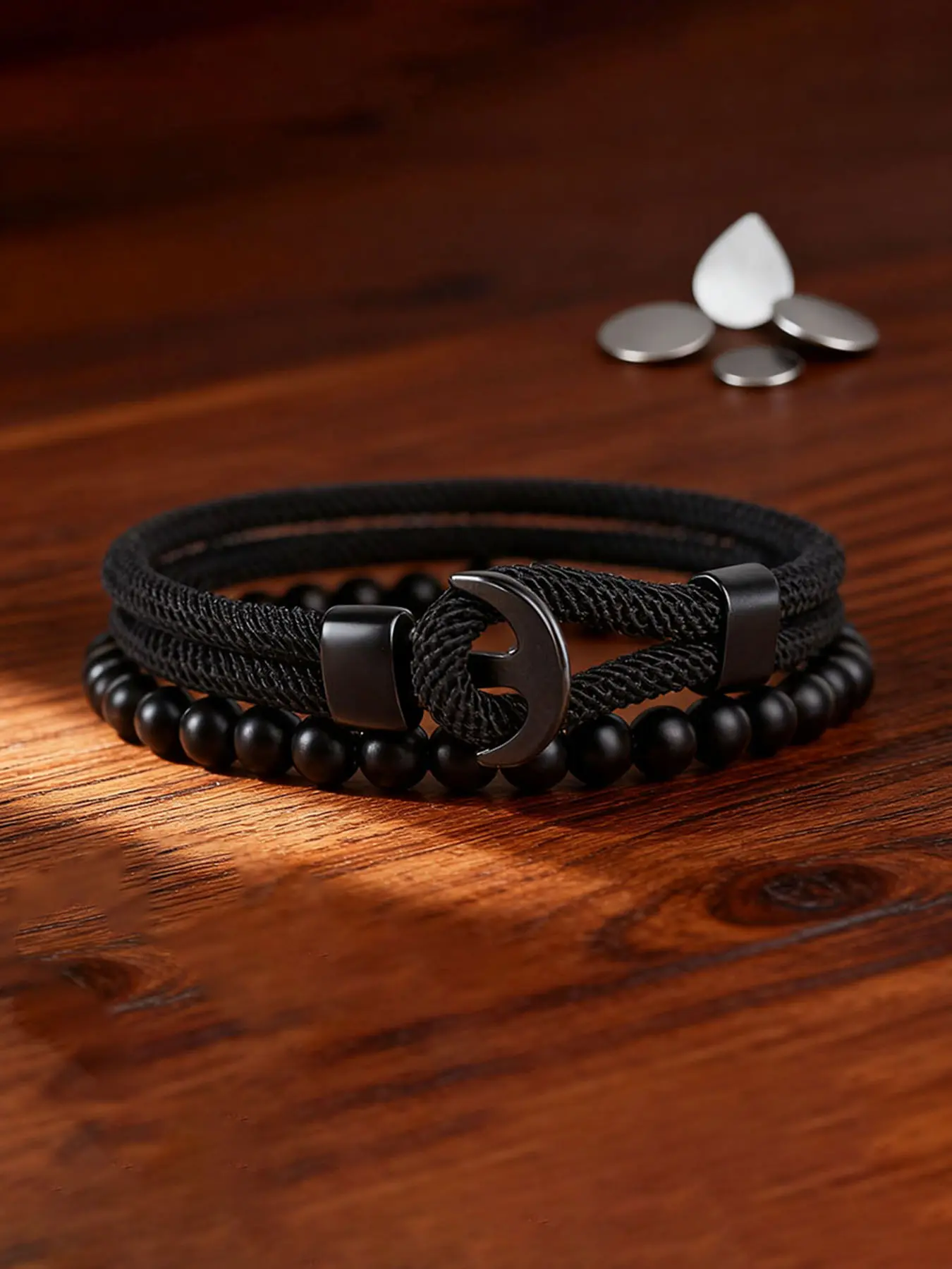 Men's Anchor Bracelet Set, Braided Nylon Rope Beaded Jewelry, Marine Surfing Accessories, 2 Piece Pack, Stylish & Durable Design, Stackable Bracelets, Adjustable Stack Bracelets