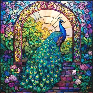 Stained Glass Arch Vibrant Tail Peacock with Blooming Flowers and Greenery Diamond Painting 5D DIY Kit Full Drill Square Round Diamonds Embroidery Cross Stitch Art Craft, Handicraft Home Wall Decor Unique Gift Room Handmade Decorative Painting Set