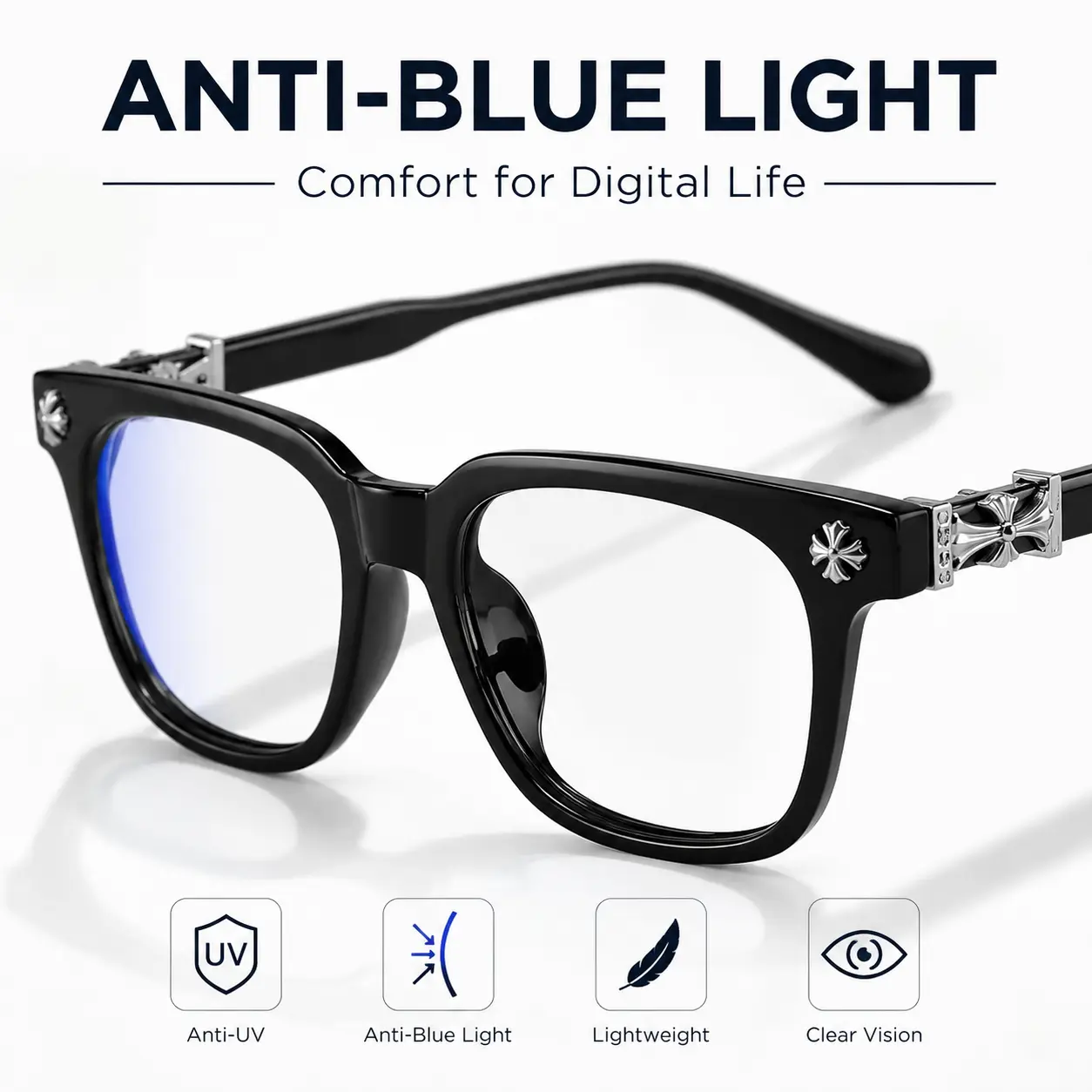 Square Metal Frame Anti Blue Glasses, Fashion Flat Lens Eyewear for Computer & Gaming, Unisex Eye Strain Relief
