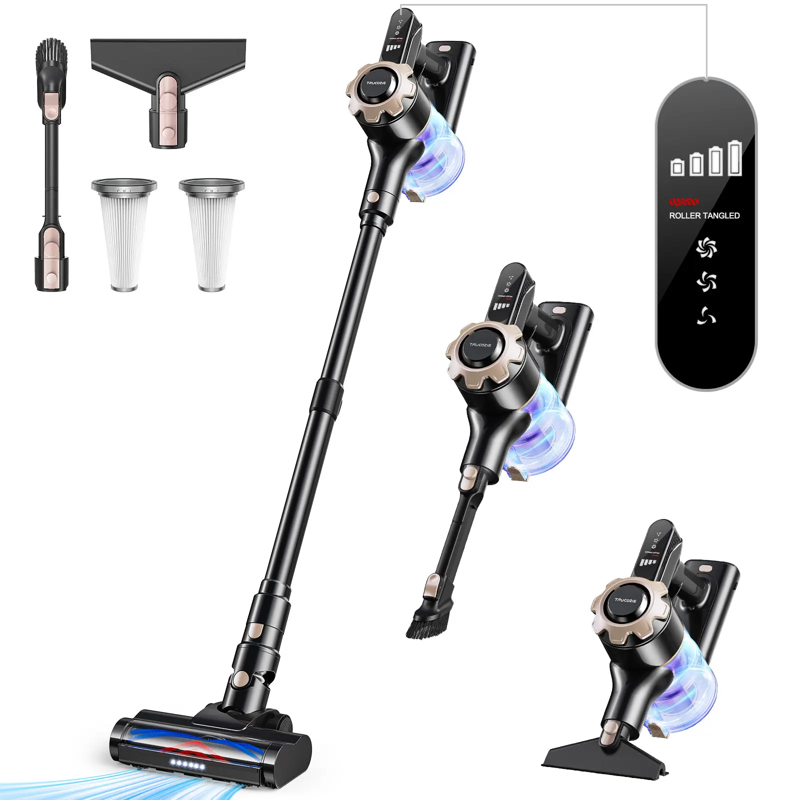 Trucozie Cordless Vacuum Cleaner, 8-in-1 Lightweight Stick Vacuum with 45mins Runtime, Powerful Suction, Rechargeable Cordless Vacuum for Carpet, Tile, Pet Hair, Hardwood Floors