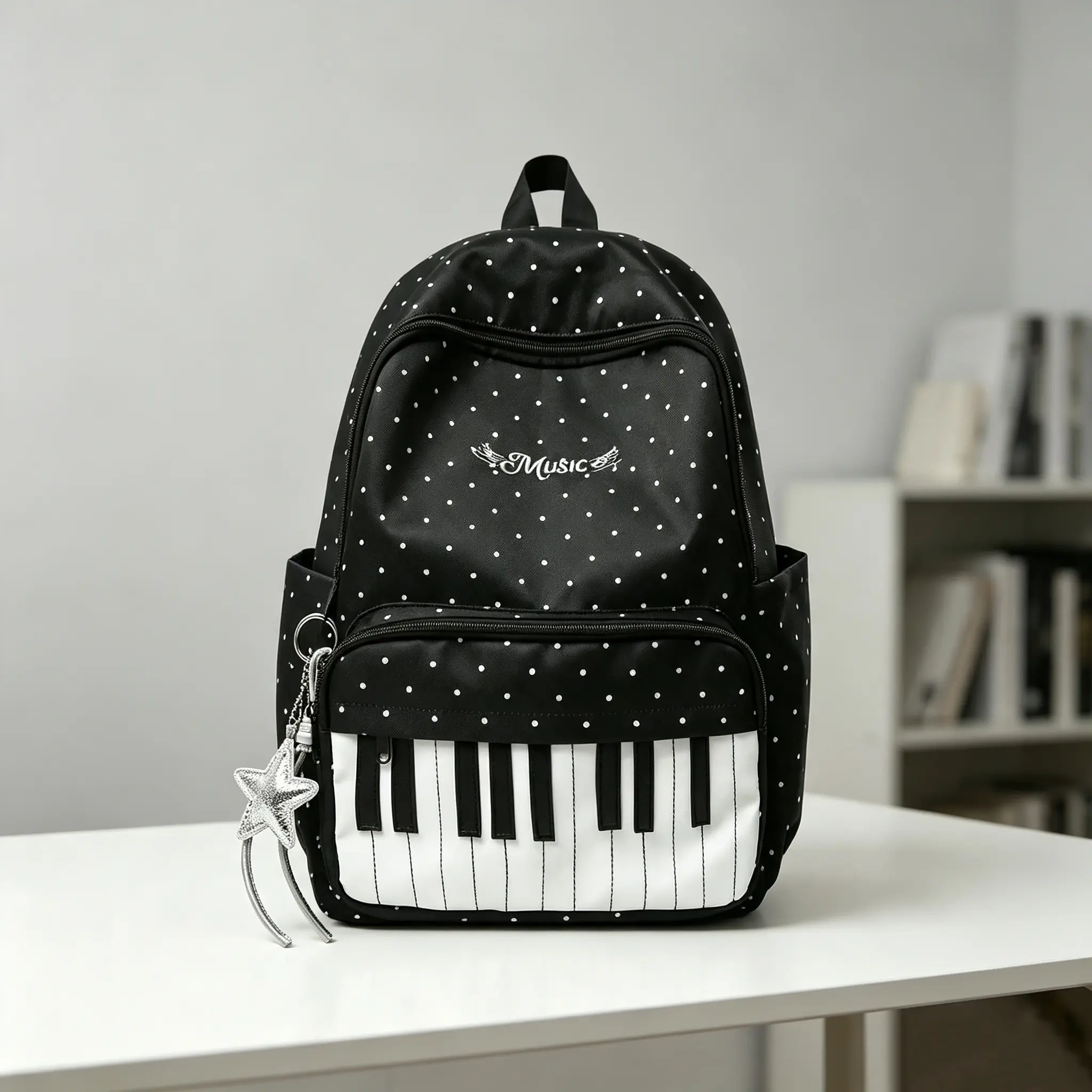 Unique music themed zipper backpack with piano keys and polka dot patterns, suitable for school, commuting, and daily wear, piano patterned backpack