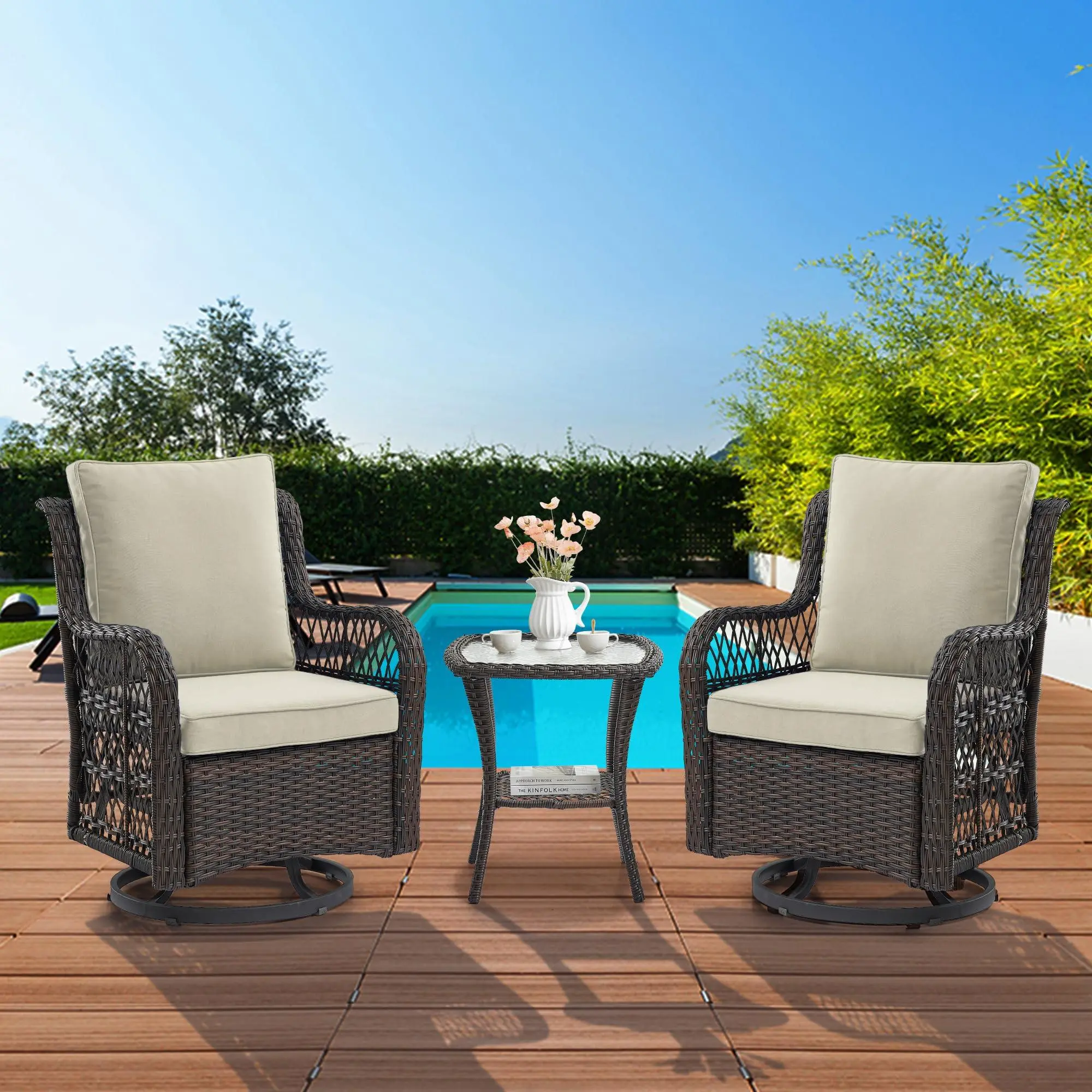 GARVEE 3 Pieces Outdoor Swivel Rocker Chair Set of 2 with Glass Top Table, Outdoor Swivel Glider Rocker, Wicker Swivel Chair Set for Patio Porch Pool (Dark Brown Wicker/Beige Cushion)