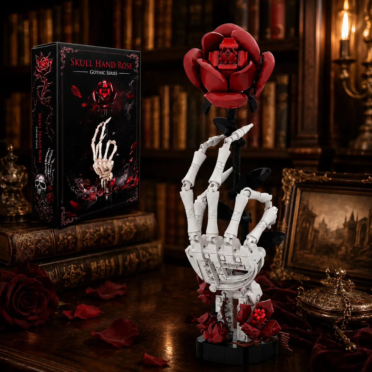Gothic Rose Skeleton Hand Building Set - 357-Piece, Red Rose Flower Building Blocks with Articulated Hand, Desk & Shelf Decoration, Creative Gift for Gothic Decor Enthusiasts