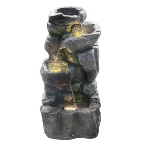 4-Tiers Cascading Rock Outdoor Water Fountain with LED Light, Standing Cascading Water Feature Faux Stacked Stones Waterfalls Decor for Garden Patio Yard and Lawn