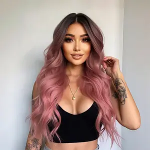 Long Ombre Pink Wavy Wig for Women 26 Inch Middle Part Curly Wavy Wig Natural Looking Synthetic Heat Resistant Fiber for Daily Party Use Ombre Pink 240F