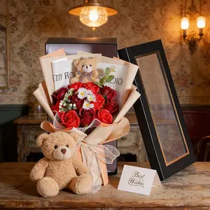 Simulation 11 Roses Artificial Bouquet Gift Box Bear Cartoon Fake Flowers Imitation Flowers Valentine's Day Gift Mother's Day Gift, Wedding Favors