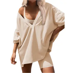 EKOUAER Womens Oversize summer Two-Piece Set - 2026 Casual Oversized V-Neck Slit Shirt and Side-Pocket Riding Shorts - Simple Casual Wear - Soft Spun Acrylic Fabric - Comfortable Homewear - Warm Sleeping Suit - S-2XL