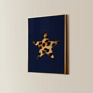 Trendy Leopard Star Poster, Retro Star Girl Poster, Funky Y2K Aesthetic Apartment Decor, Vintage Girly Navy Blue Cheetah Bedroom Wall Art