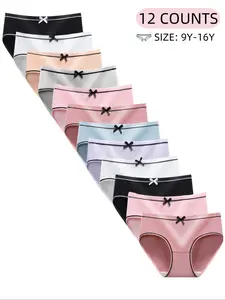 12 COUNTS Girls' Simple Casual Comfortable Breathable Panties, With Cute Bow Design On Front Waistband, Student Underwear, Girl's Briefs for All Seasons, Youth Underwear