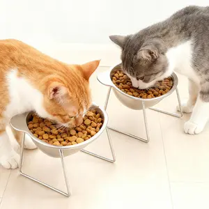 Stainless Steel Cat Feeder Set, Anti-Tip Elevated Bowl System, Protects Cervical Spine, Easy Clean Round Corners, Modern Dry Wet Use, Stainless Steel Bowls
