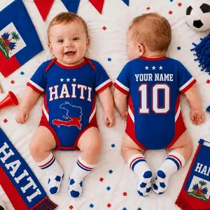 Personalized Haiti Baby Soccer Romper, Custom Name & Number Infant Bodysuit, Global Football Fan Outfit 3FN 9U9
