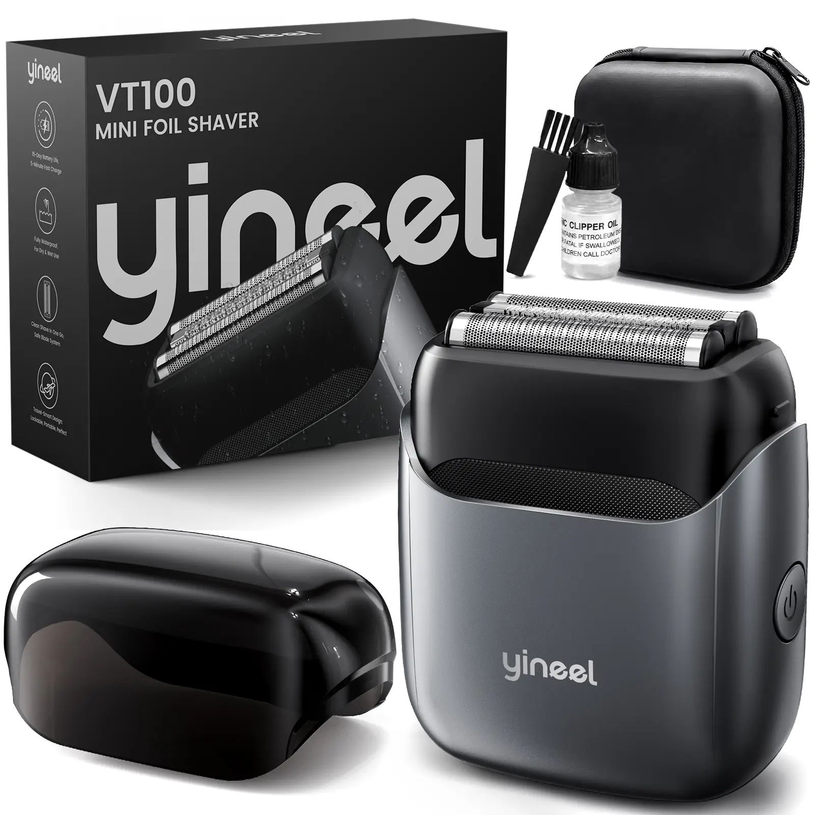 Yineel VT100 Cordless Electric Foil Shaver for Men - Smooth Metallic Pocket-Sized Razor with Case, 3 Floating Blades, 90mins Runtime, IPX7 Waterproof, Daily & Travel-Friendly, Father's Day Gift, Foil Shavers, Smooth Shave, Clean Shave