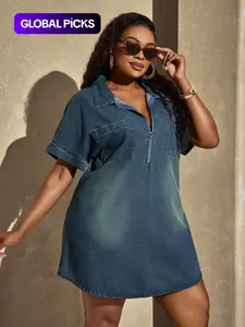 Laid-back Style Boho Oversized Half-Zip Denim Dress, Fashion Comfortable Fit, Perfect for Daily Wear, Women's Clothing, Womenswear