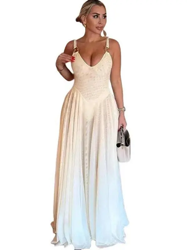Women's Deep V-Neck Embellished Sleeves Mesh Flare Dress - Ruffle, Chic, Fashionable Elegance, Pleated, Slit, for Spring Summer Casual Wear