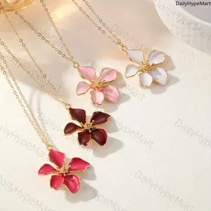 Bohemian Floral Pendant Necklace, White Enamel & Gold Chain for Casual & Formal Wear