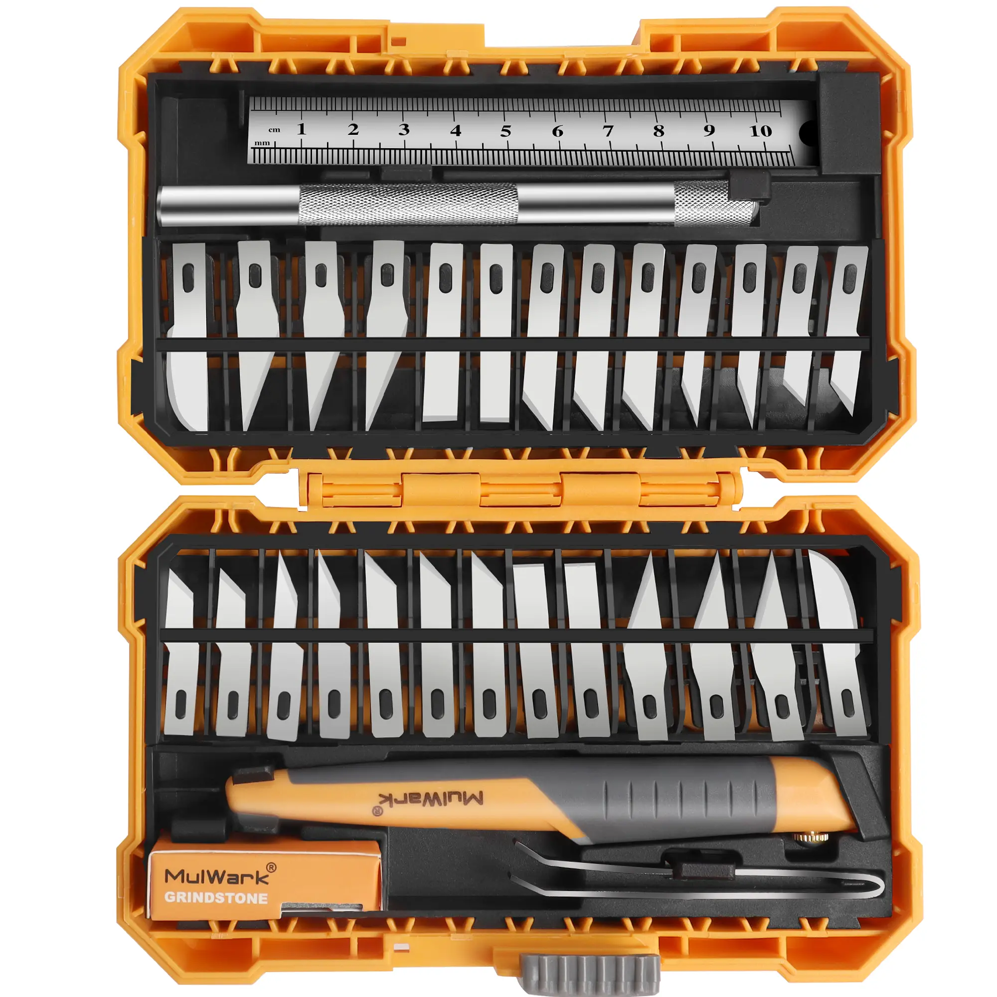MulWark 32-Piece Heavy-Duty Precision Hobby Knife Set - Rubber Handle, Sharpening Stone, Tool Box, Portable Craft Kit with Chiseling, Stencil Edge, Fine Point Blades for ABS, Balsa Wood Projects