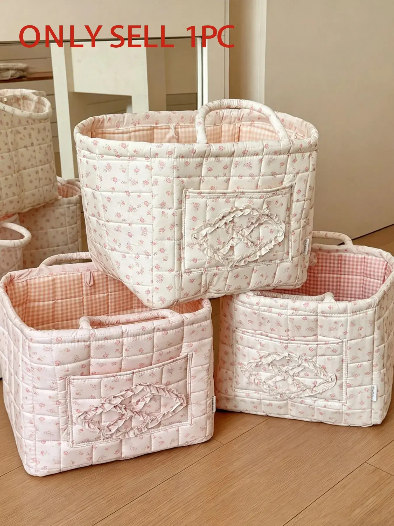 Pink floral storage basket, ruffle trim storage bag with handle, multi-purpose home storage box, suitable for cosmetics, sundries and wardrobe organization, Organizing baskets, Basket with handles