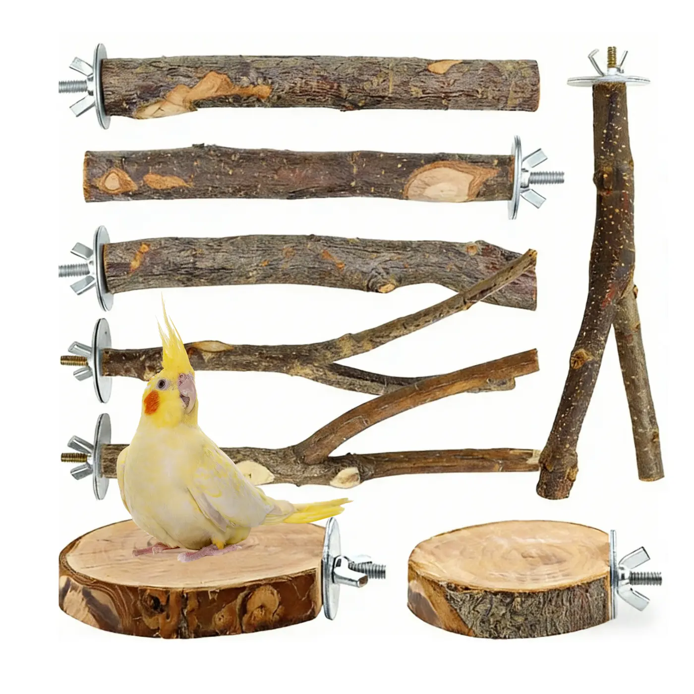 8-Pack Non-Toxic Wood Bird Perch Set for Cage - Sticks, Platforms, Colorful Rope Toy for Cockatiels (Pet Bird Toys & Perches)
